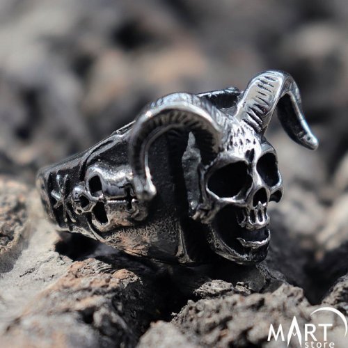 Occult Biker Ring Horned Skull Satanic Demon Ring