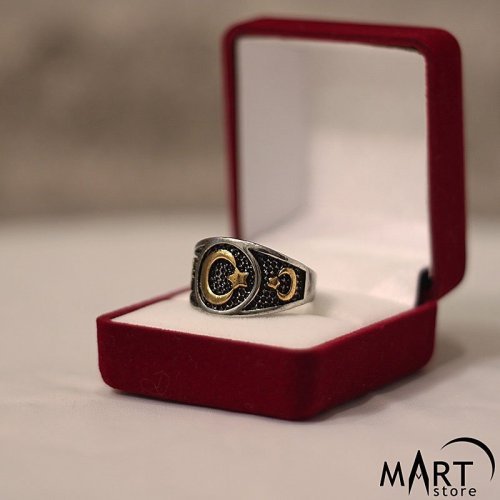 Sickle Moon Ring - Star and Crescent Ring - Silver and Gold