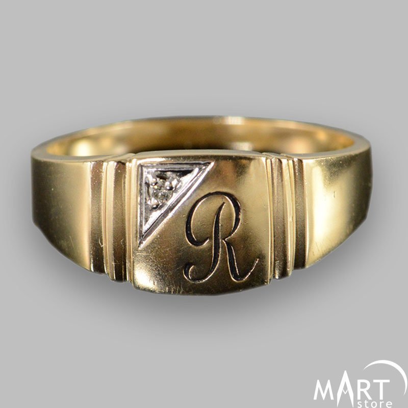 Monogram Ring - Rectangular Initial Letter Ring with Diamond - Silver and Gold | MasonArtStore