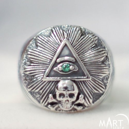 Illuminati Masonic Ring - Eye of Providence, Skull and Bones - Silver and Gold