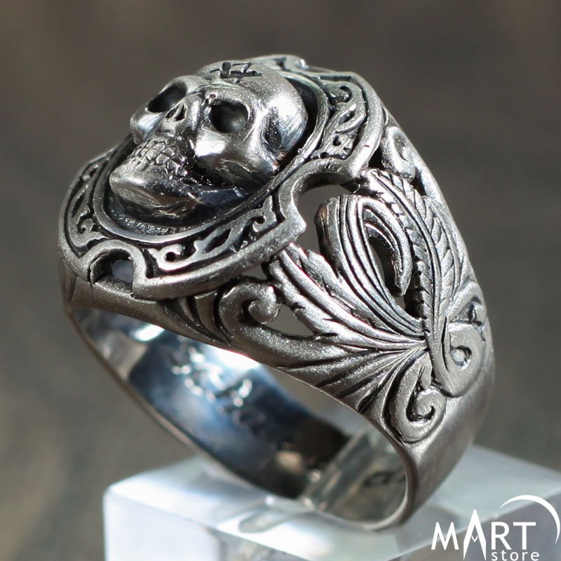 Skull Mason Freemasons Mens Ring oxidized Sterling Silver Wedding Band Ring