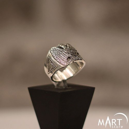 Masonic 32nd Degree Ring - Silver Surgical Steel 316L - Signet Style With Patch & Pin