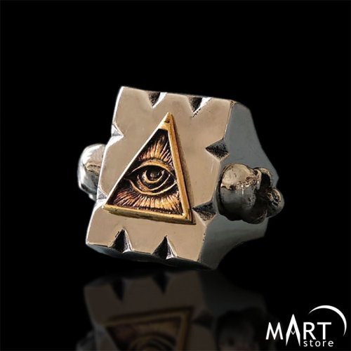 Masonic Skull Ring - Biker Ring, Illuminati Pyramid All-Seeing Eye - Silver and Gold