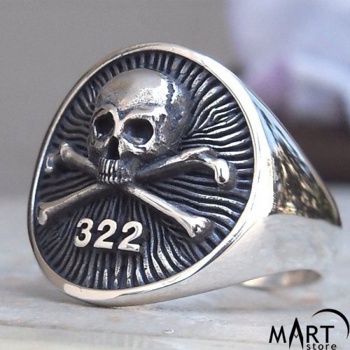Skull and Bones Yale Ring - 322 Yale Secret Society Skull Ring - Silver and Gold
